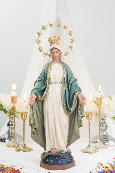 Hand-Painted Our Lady of Grace Statue 15.8" - Mint Green, Virgin Mary Catholic Statue, Catholic Gift, Blessed Mother Altar Decor