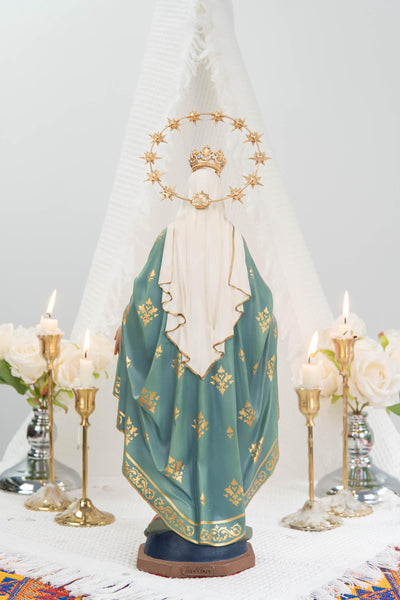 Hand-Painted Our Lady of Grace Statue 15.8" - Mint Green, Virgin Mary Catholic Statue, Catholic Gift, Blessed Mother Altar Decor