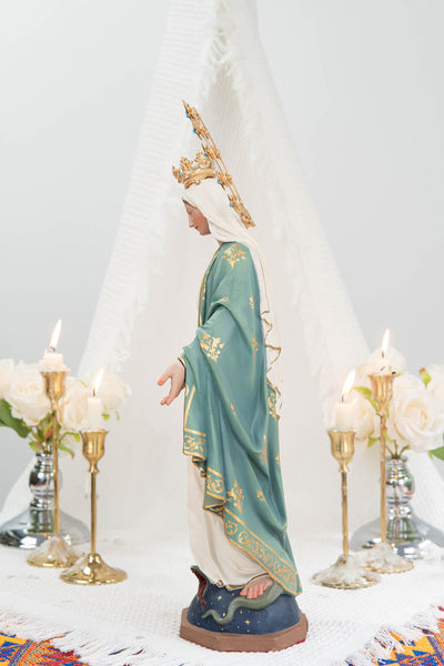 Hand-Painted Our Lady of Grace Statue 15.8" - Mint Green, Virgin Mary Catholic Statue, Catholic Gift, Blessed Mother Altar Decor