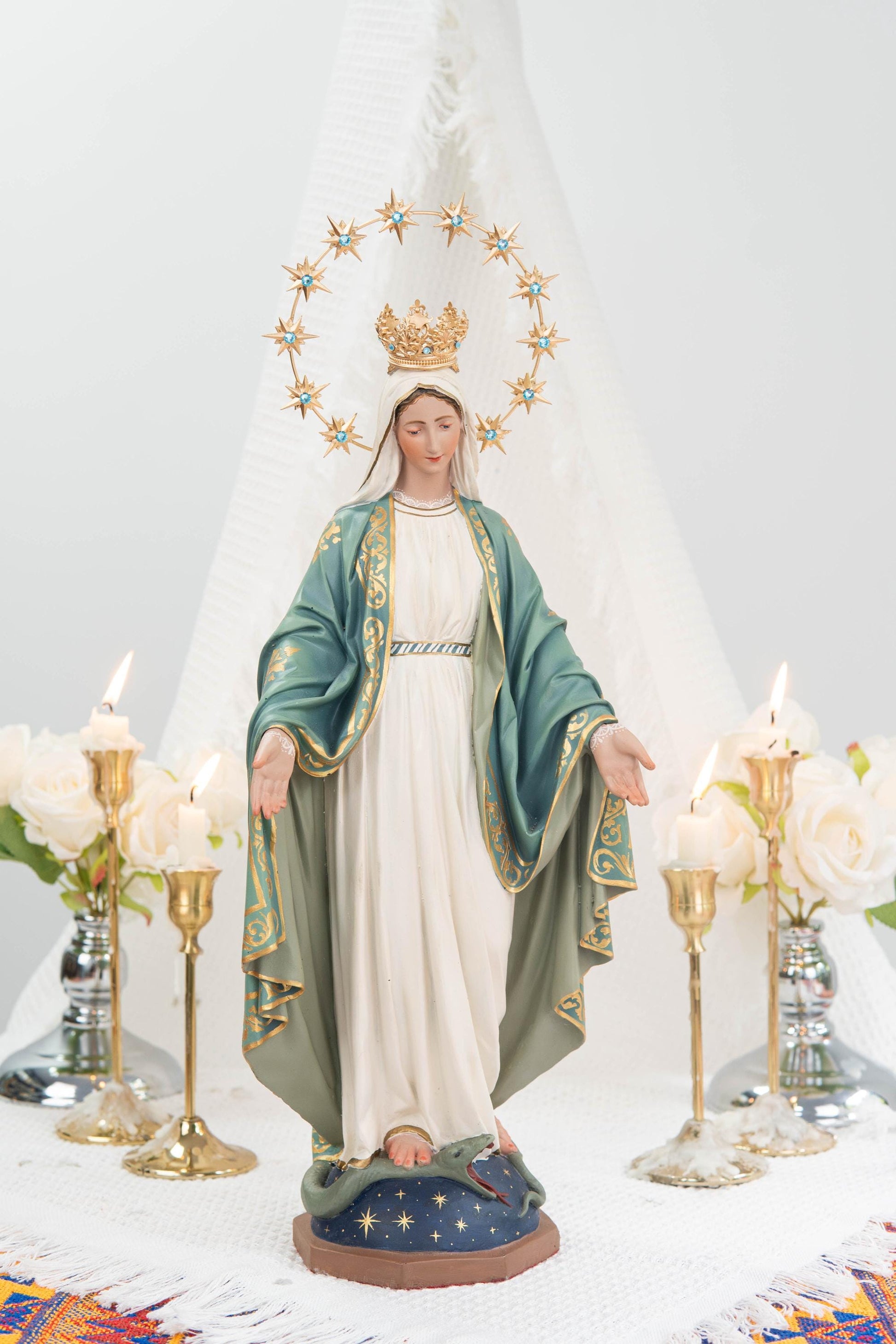 Hand-Painted Our Lady of Grace Statue 15.8" - Mint Green, Virgin Mary Catholic Statue, Catholic Gift, Blessed Mother Altar Decor