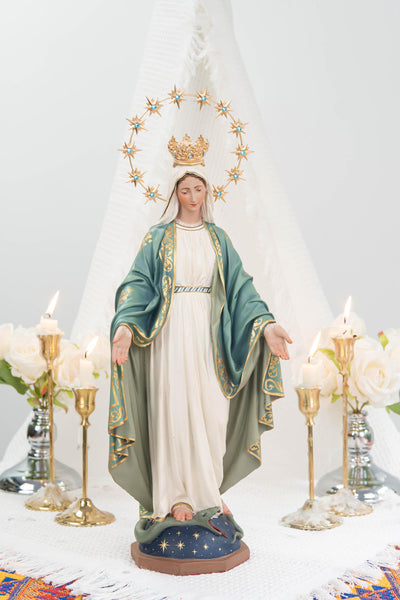 Hand-Painted Our Lady of Grace Statue 15.8" - Mint Green, Virgin Mary Catholic Statue, Catholic Gift, Blessed Mother Altar Decor