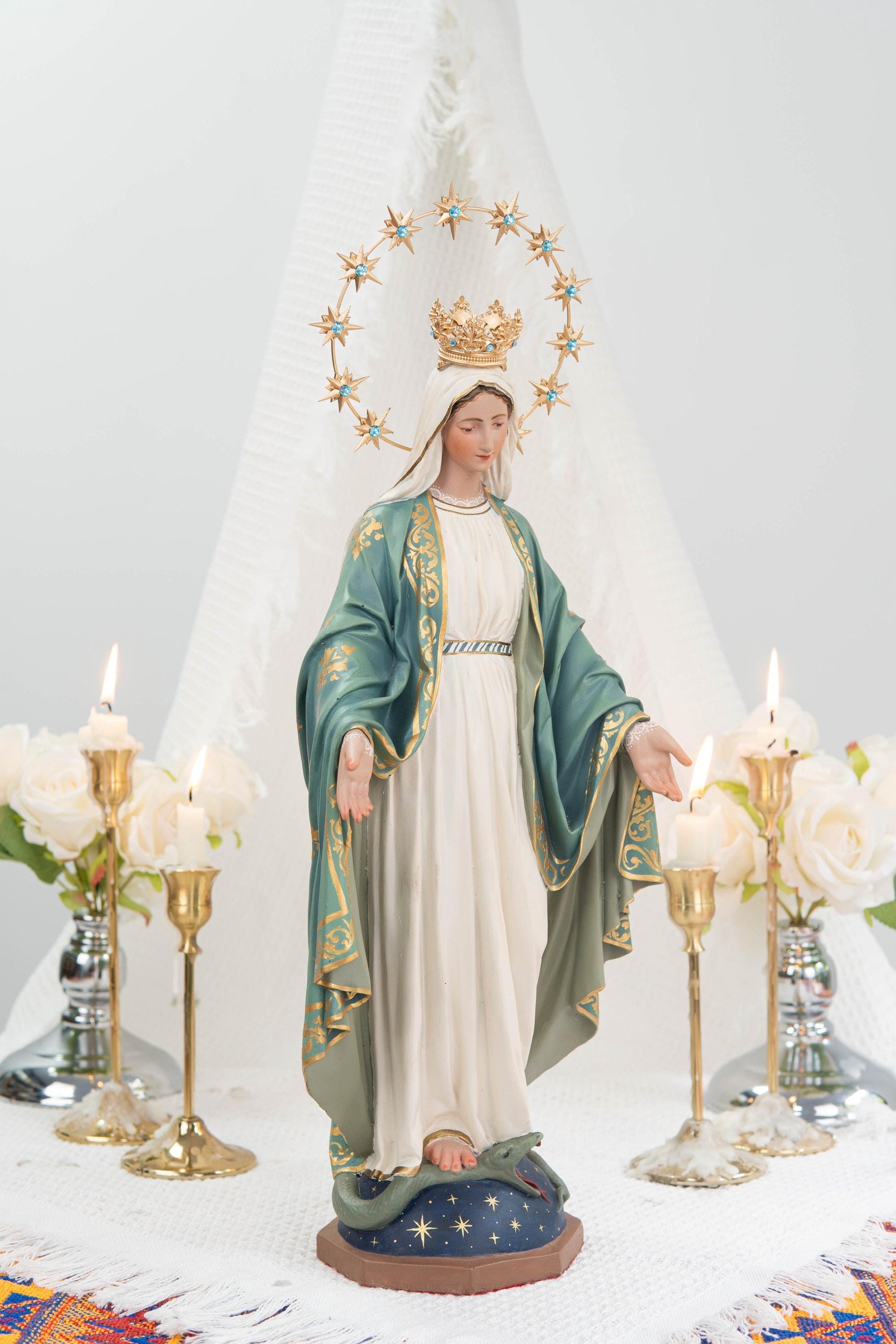 Hand-Painted Our Lady of Grace Statue 15.8" - Mint Green, Virgin Mary Catholic Statue, Catholic Gift, Blessed Mother Altar Decor