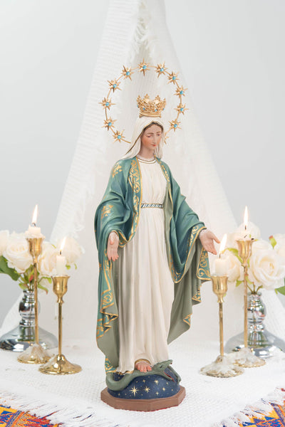 Hand-Painted Our Lady of Grace Statue 15.8" - Mint Green, Virgin Mary Catholic Statue, Catholic Gift, Blessed Mother Altar Decor
