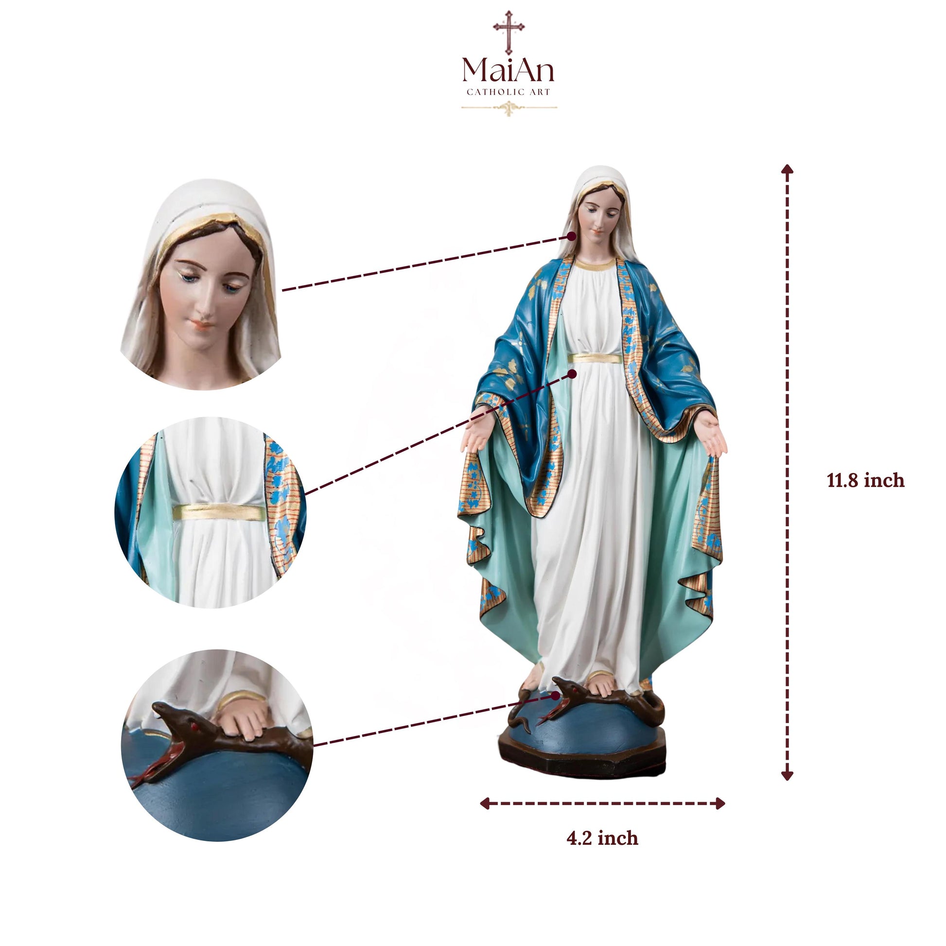 Hand-Painted Our Lady of Grace Statue 15.8" – Elegant Blue White Catholic Figurine, Mother Mary Decor, Catholic Gift's Mom,Home Altar Statue