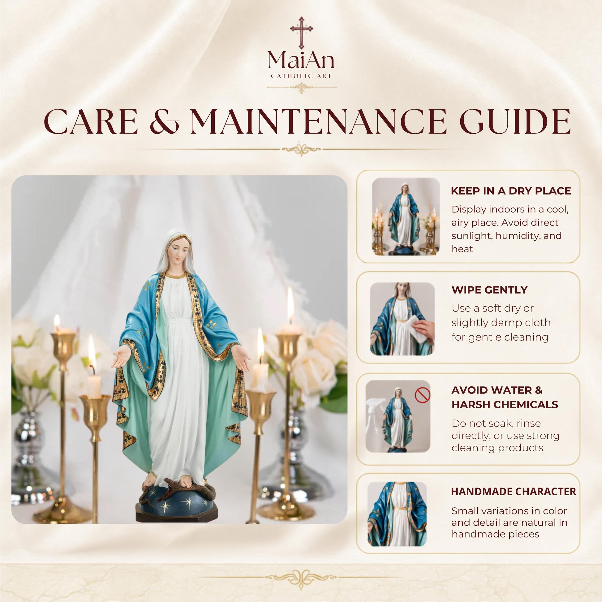 Hand-Painted Our Lady of Grace Statue 15.8" – Elegant Blue White Catholic Figurine, Mother Mary Decor, Catholic Gift's Mom,Home Altar Statue