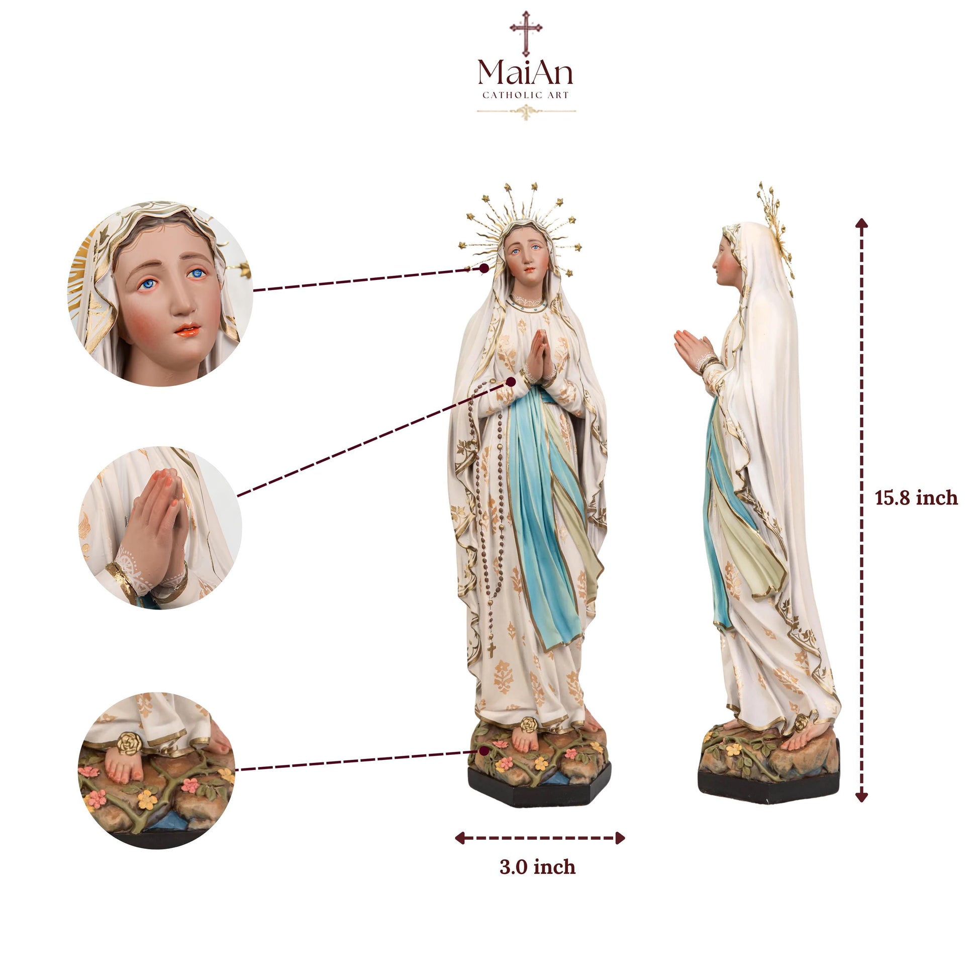 Our Lady of Lourdes Statue 15.8" - Virgin Mary Statue with Rosary, Catholic Home Decor, Marian Gift, Religious Gift for Women, Mary Statue
