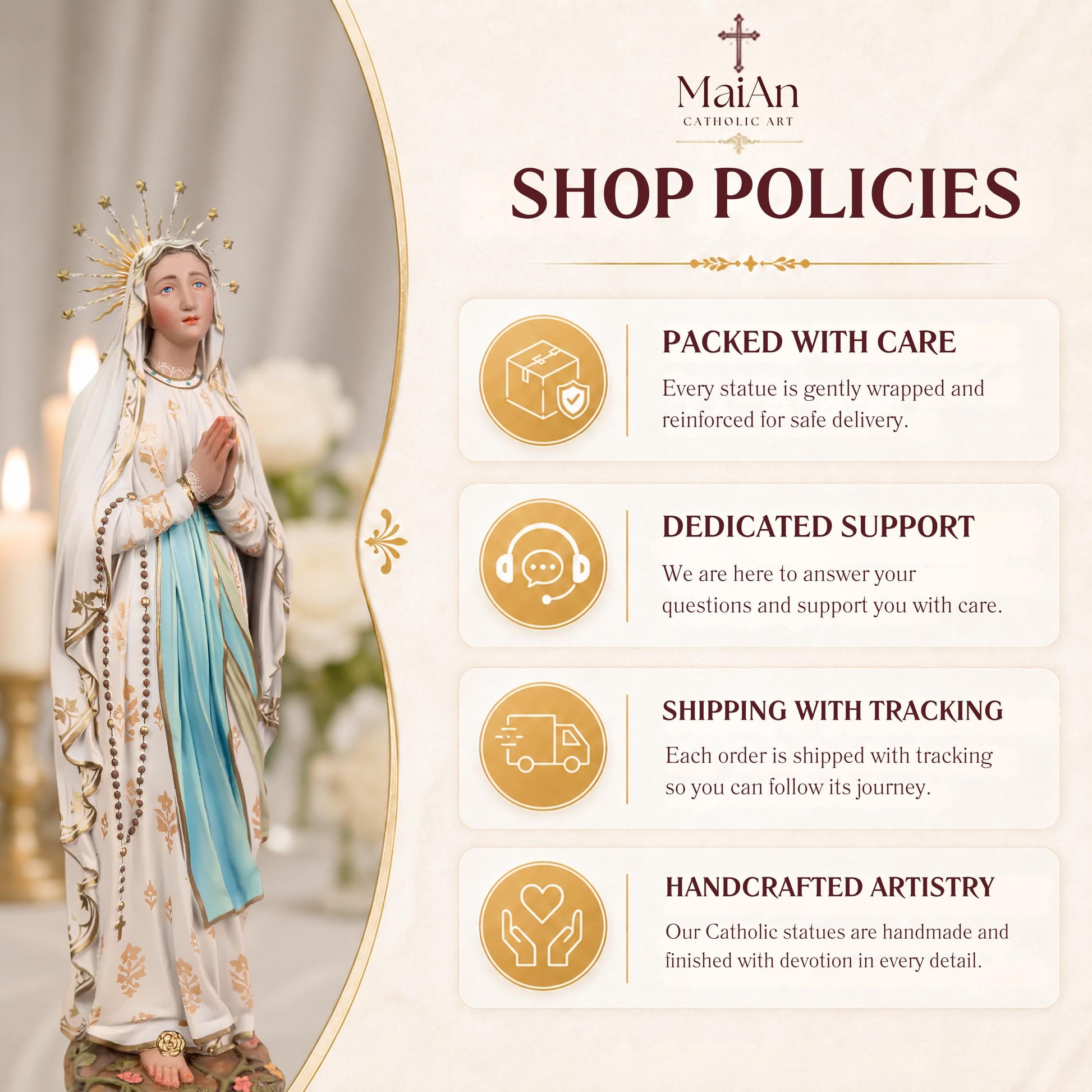 Our Lady of Lourdes Statue 15.8" - Virgin Mary Statue with Rosary, Catholic Home Decor, Marian Gift, Religious Gift for Women, Mary Statue