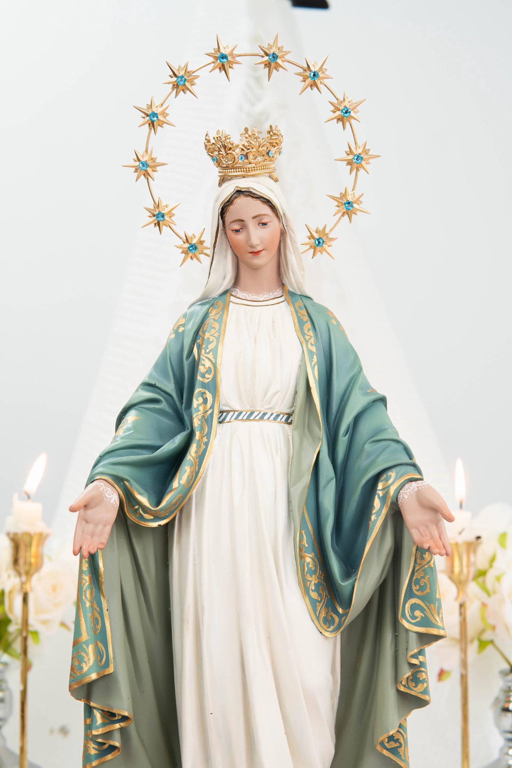 Hand-Painted Our Lady of Grace Statue 15.8" - Mint Green, Virgin Mary Catholic Statue, Catholic Gift, Blessed Mother Altar Decor