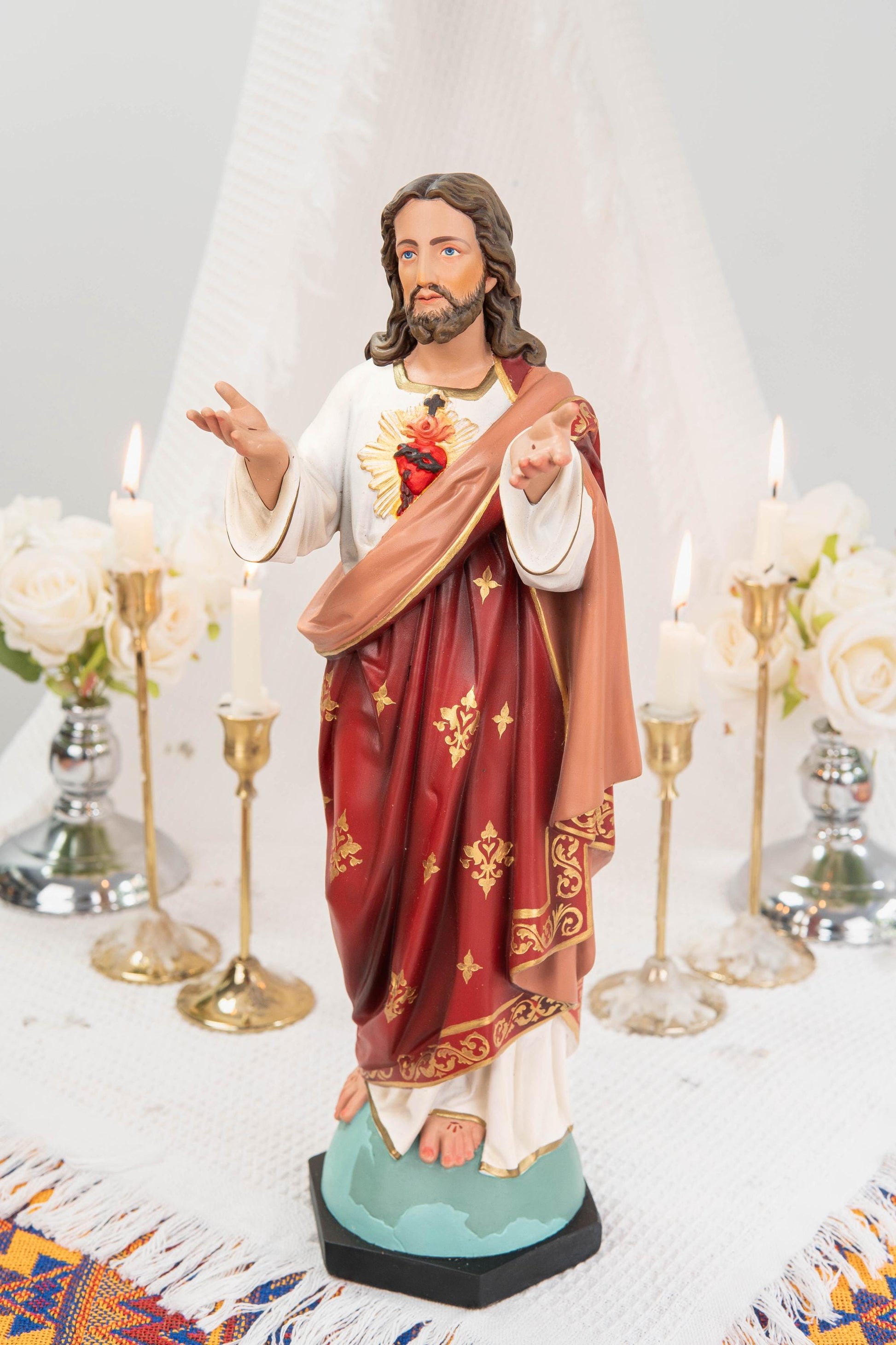 Hand-Painted Sacred Heart of Jesus Statue 15.8" - Catholic Jesus Figurine, Christ Statue for Home, Religious Gift, Christian Prayer Decor