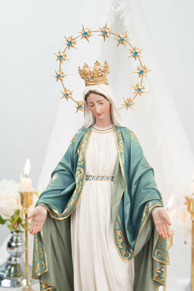 Hand-Painted Our Lady of Grace Statue 15.8" - Mint Green, Virgin Mary Catholic Statue, Catholic Gift, Blessed Mother Altar Decor