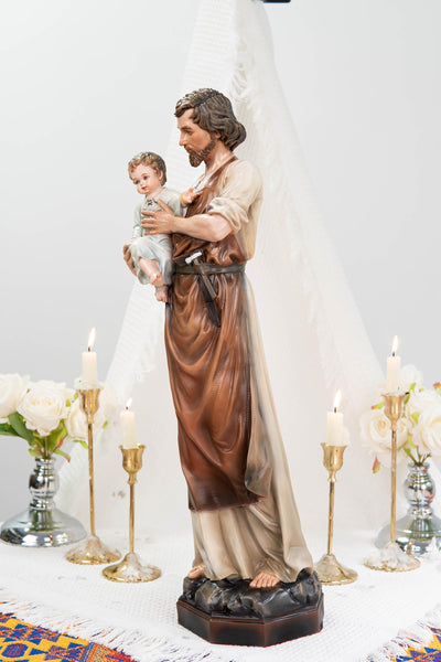 Hand-Painted Saint Joseph with Child Jesus Statue 20.8" - Catholic Figurine, Patron Saint of Families, Christian Home Decor, Religious Gift