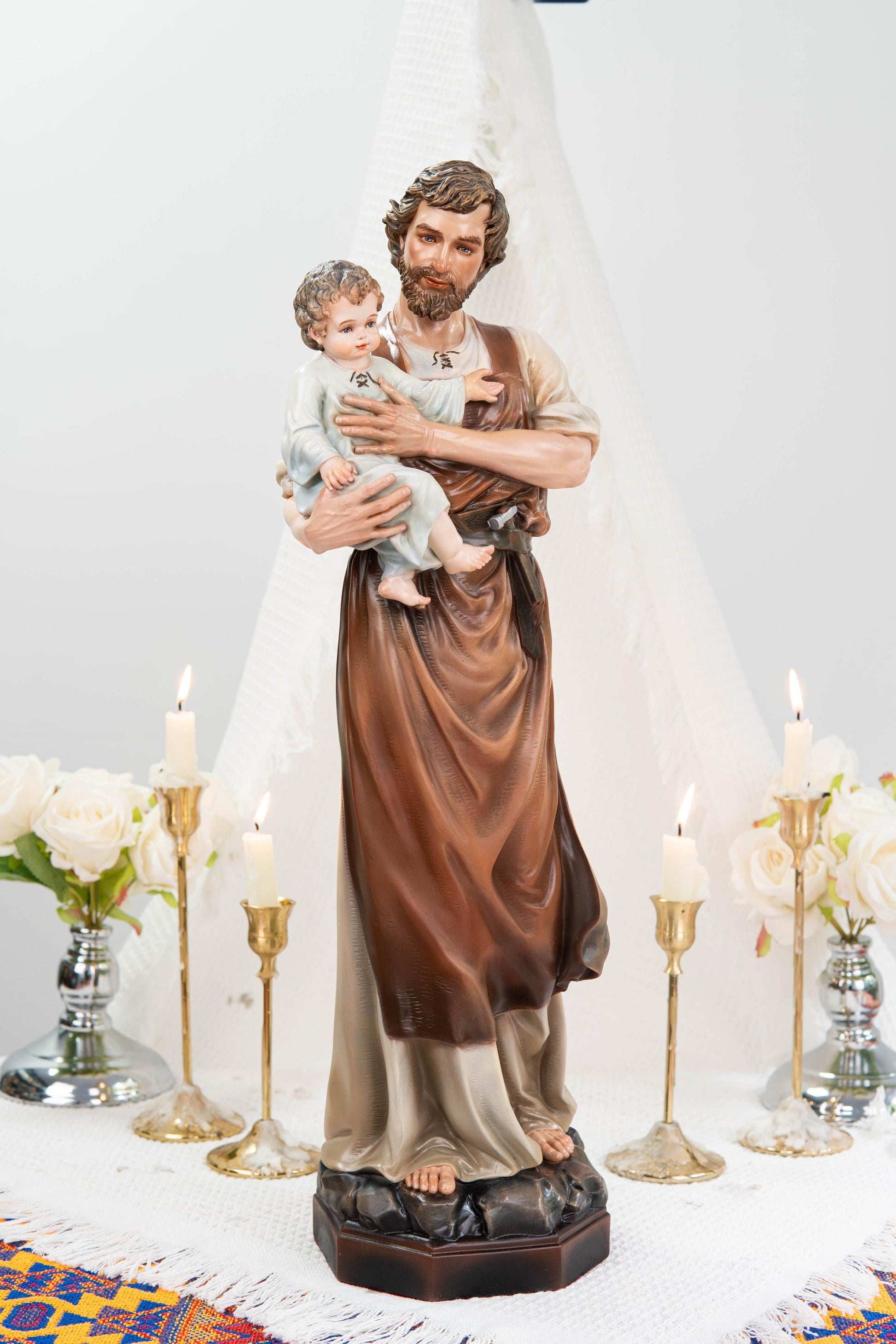 Hand-Painted Saint Joseph with Child Jesus Statue 20.8" - Catholic Figurine, Patron Saint of Families, Christian Home Decor, Religious Gift