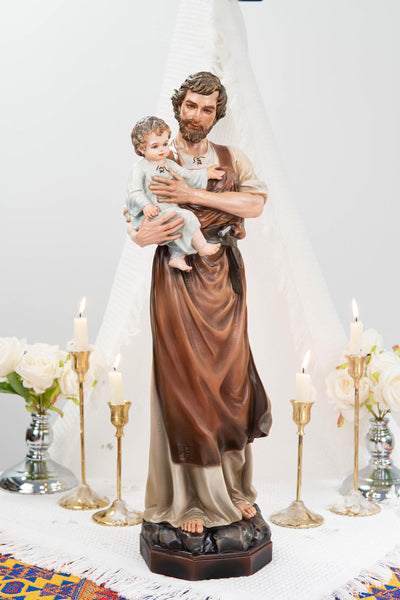 Hand-Painted Saint Joseph with Child Jesus Statue 20.8" - Catholic Figurine, Patron Saint of Families, Christian Home Decor, Religious Gift