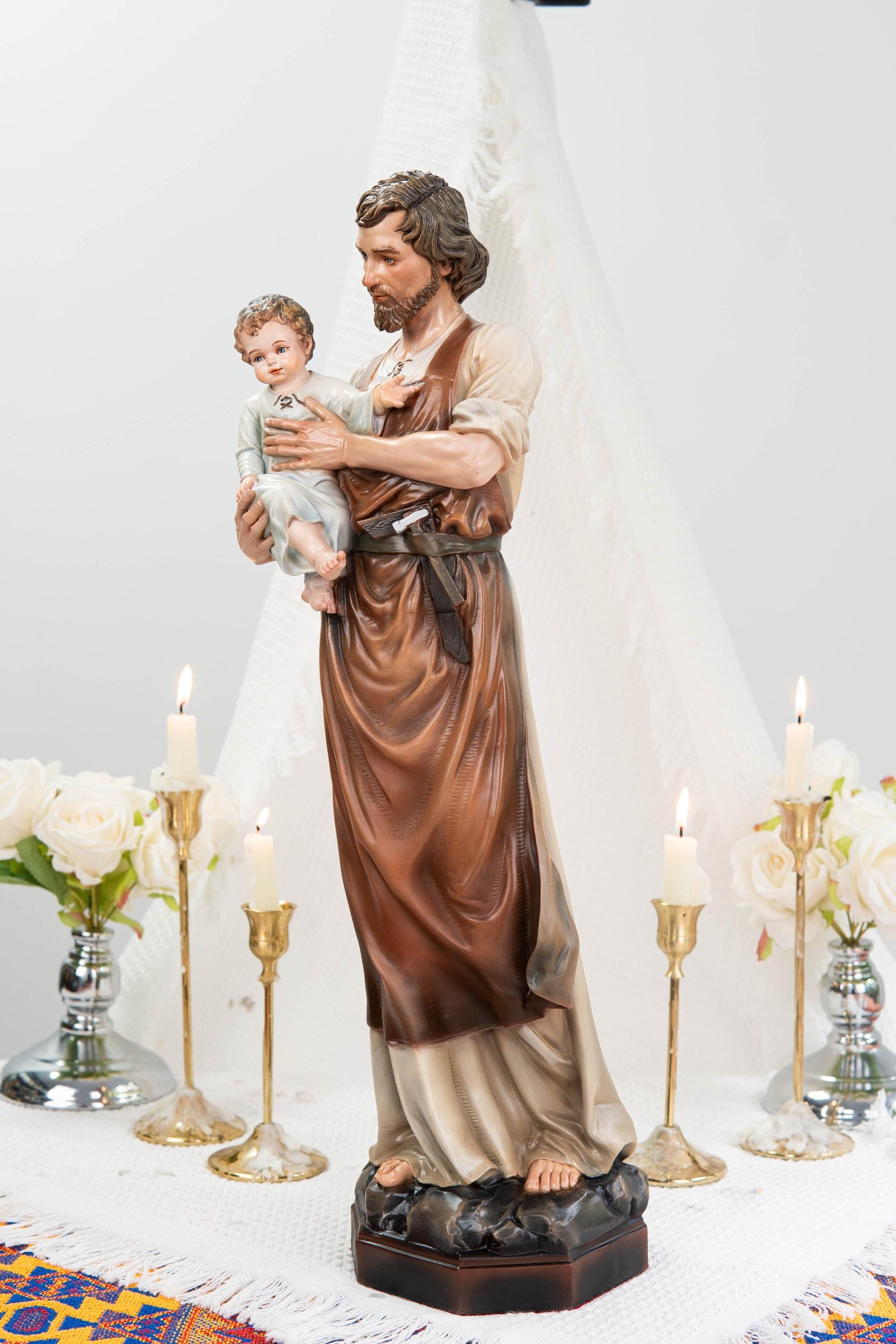 Hand-Painted Saint Joseph with Child Jesus Statue 20.8" - Catholic Figurine, Patron Saint of Families, Christian Home Decor, Religious Gift