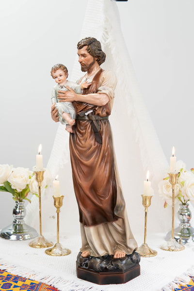 Hand-Painted Saint Joseph with Child Jesus Statue 20.8" - Catholic Figurine, Patron Saint of Families, Christian Home Decor, Religious Gift