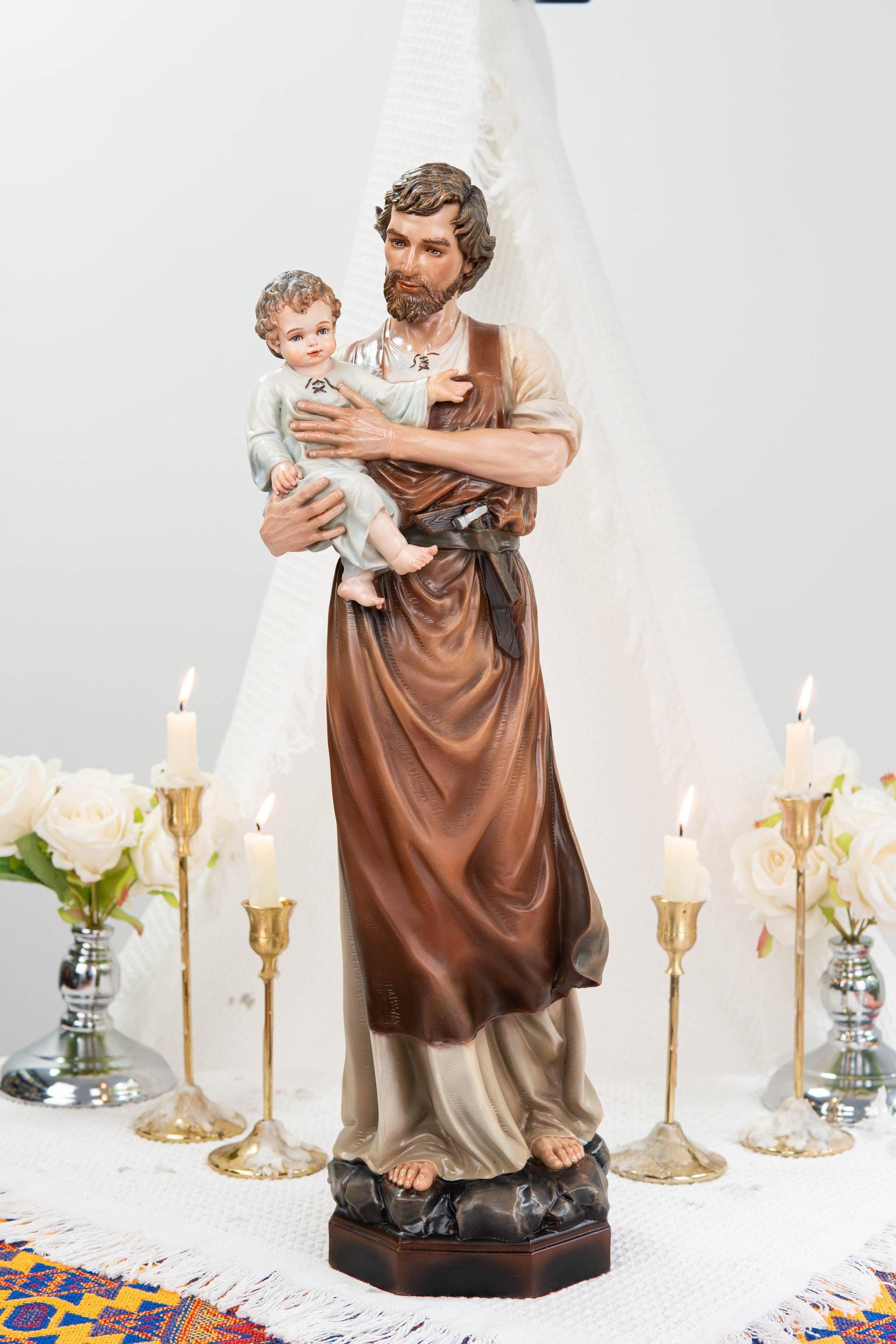 Hand-Painted Saint Joseph with Child Jesus Statue 20.8" - Catholic Figurine, Patron Saint of Families, Christian Home Decor, Religious Gift