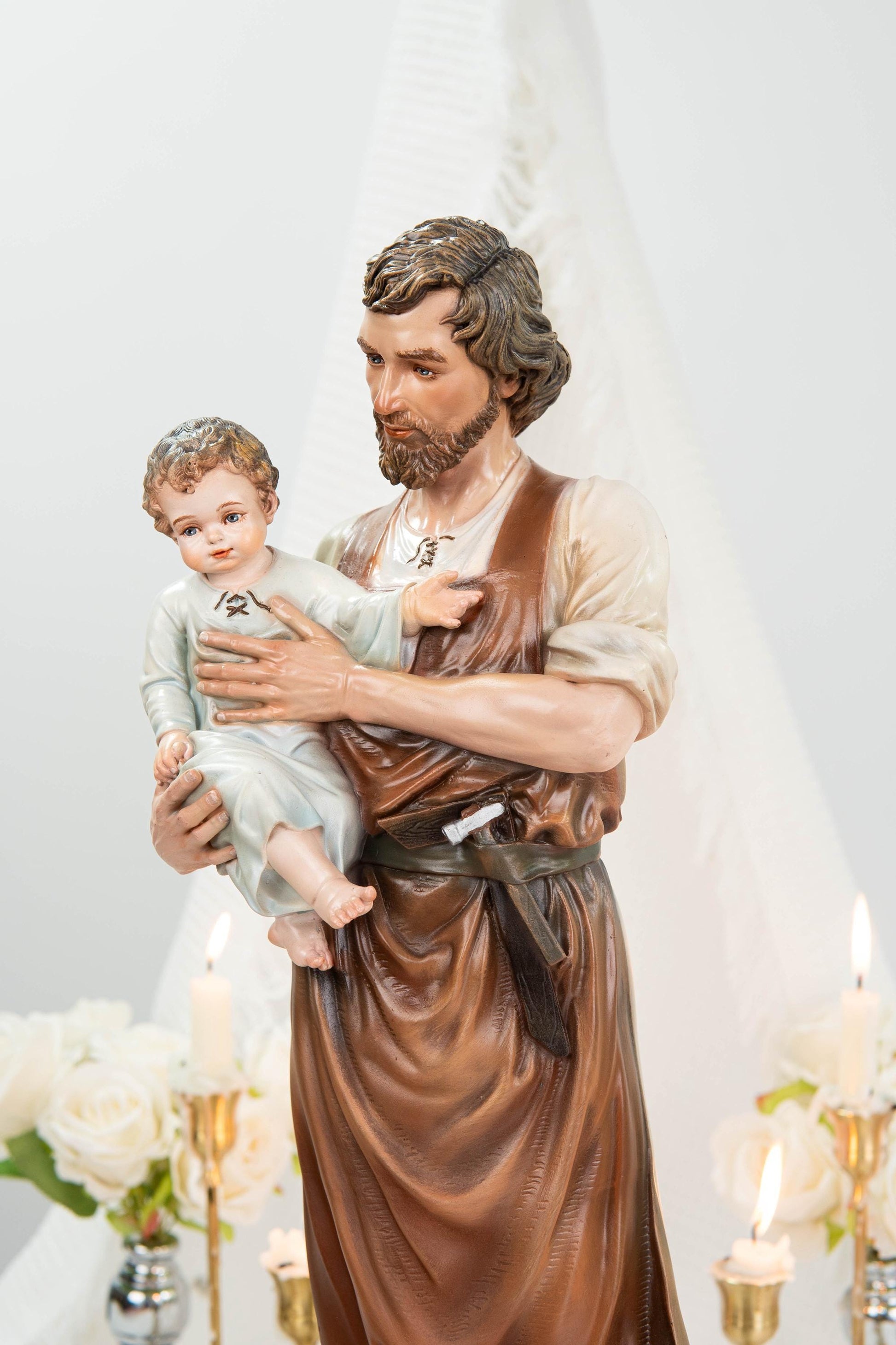 Hand-Painted Saint Joseph with Child Jesus Statue 20.8" - Catholic Figurine, Patron Saint of Families, Christian Home Decor, Religious Gift