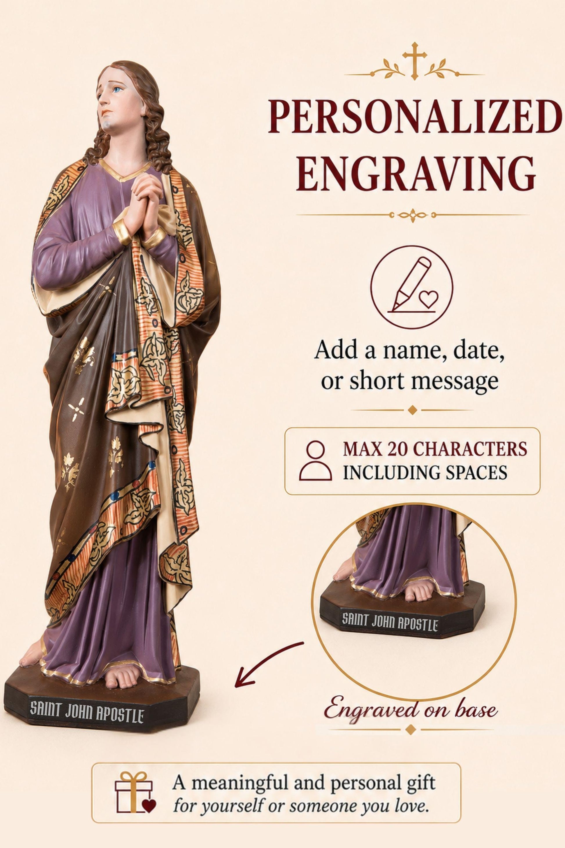 Personalized Engraving - Hand-Painted St. John Apostle Statue – Catholic Decor & Meaningful Christian Gifts, Gifts for Catholic Women