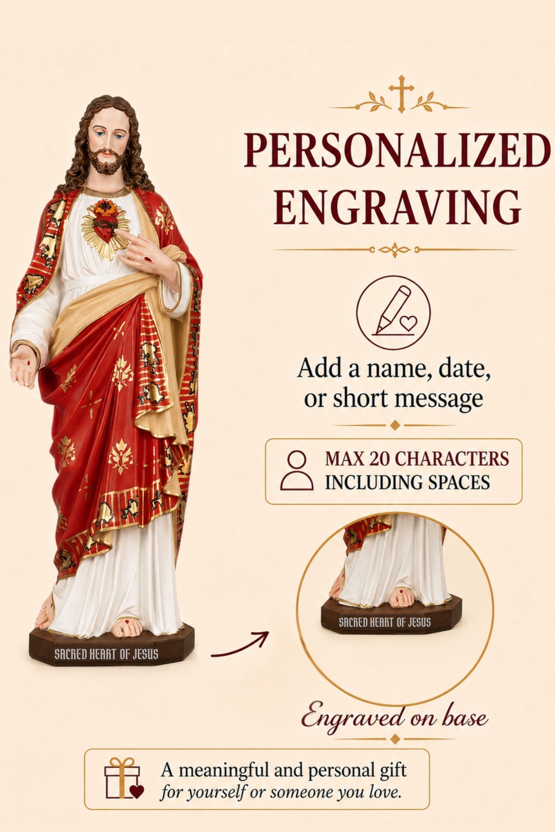 Personalized Engraving - Hand-Painted Sacred Heart of Jesus Statue 11.8" - Jesus Figurine, Catholic Home Decor Gift, Jesus Christ Statue