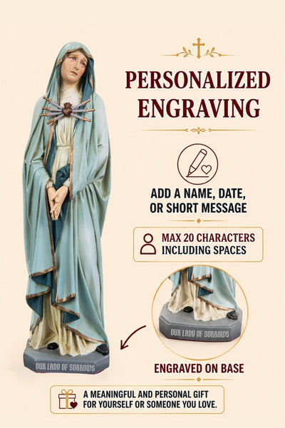 Personalized Engraving - Premium Hand Painted Our Lady of Sorrows Statue with Light Blue Cloak – Catholic Statue Home Altar, Mater Dolorosa