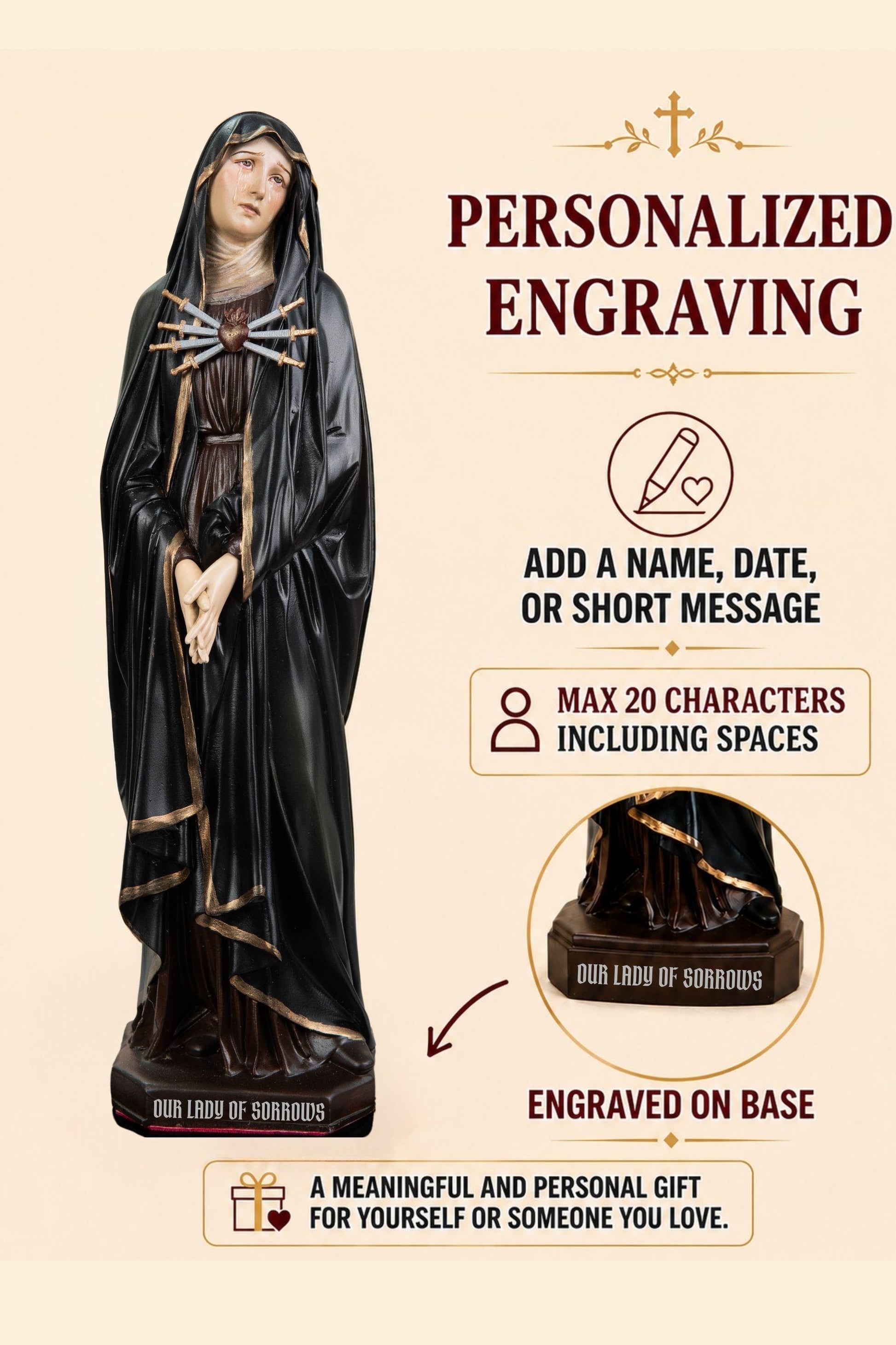 Personalized Engraving - Premium Hand Painted Our Lady of Sorrows Statue with Black Cloak– Mater Dolorosa Figurine with Seven Swords