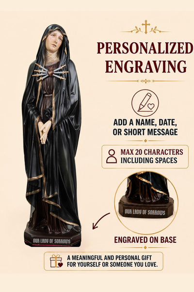 Personalized Engraving - Premium Hand Painted Our Lady of Sorrows Statue with Black Cloak– Mater Dolorosa Figurine with Seven Swords