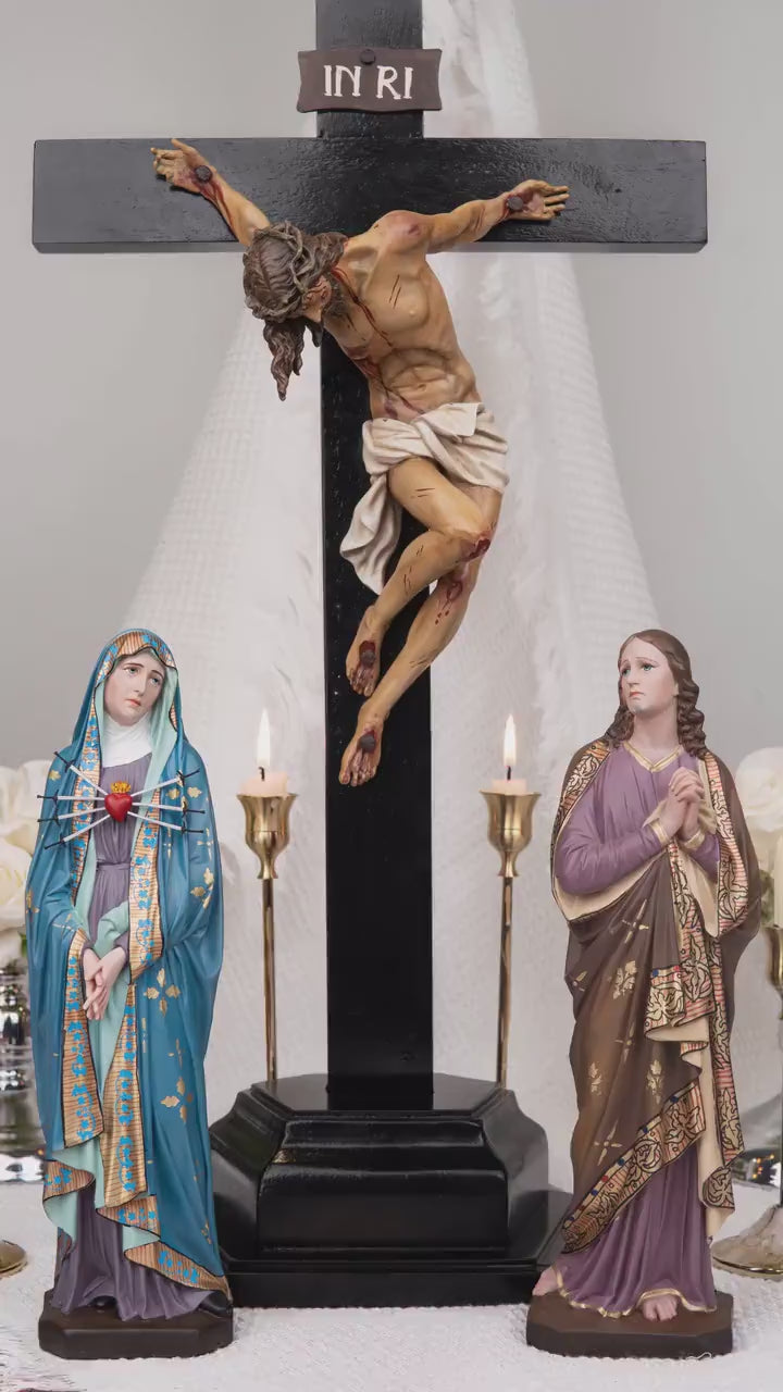 Catholic Altar Set, INRI Crucifix Cross, Our Lady of Sorrows Statue, St. John Apostle Statue, Religious Home Decor, Catholic Decor