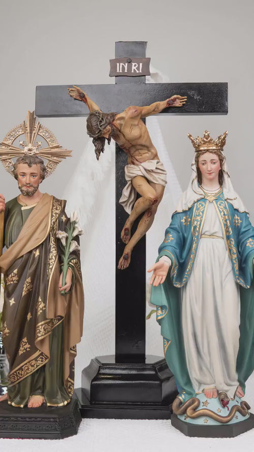 Catholic Home Altar Decor Set - INRI Crucifix Cross, Our Lady of Grace Statue, St Joseph Statue with Halo, Church Decor, Virgin Mary Statue