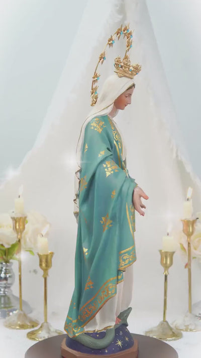 Hand-Painted Our Lady of Grace Statue 15.8" - Mint Green, Virgin Mary Catholic Statue, Catholic Gift, Blessed Mother Altar Decor